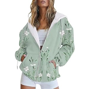 Mode Automne Et Hiver Femmes Croissance Verticale Fleur Fleur Imprimé Poche Décontractée Manches Longues Cordon À Capuche Veste Fermeture Éclair Dames Sweat À Capuche Cardigan Zippe (Green, XL)