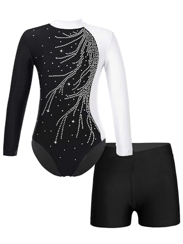 FEESHOW Kinder Gymnastikanzug Mädchen Gymnastik Body Gymnastik Shorts Set Ballett Turntrikot Athletic Wettkampf Tanzoutfit Weiß 146-152/11-12 Jahre