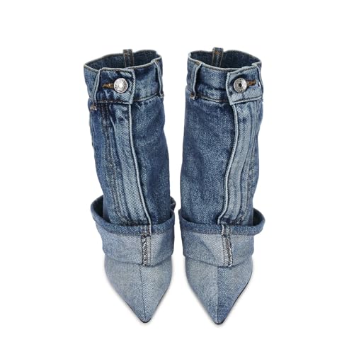 MAVMAX Women Denim Ankle Boots Pointed Toe Jeans Cowgirl Boots Metal Button Pull On High Heel Stiletto Short Cowboy Booties2