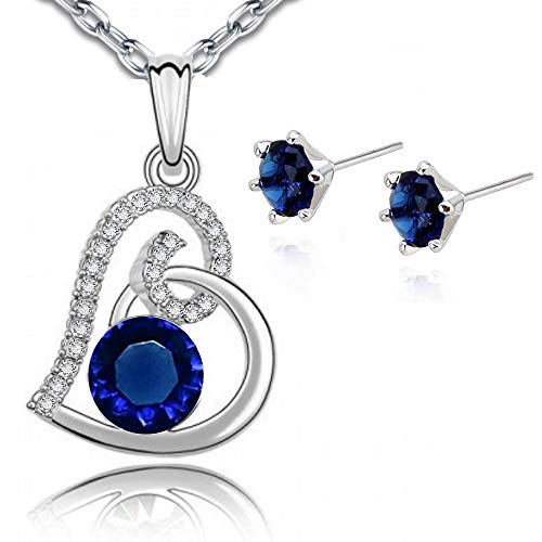 Preisvergleich Produktbild Herz Blauer simulierter Saphir Österreichische Zirkonia Kristalle Schmuck-Set Halskette Anhänger 45 cm Ohrringe 18 kt Weiß Vergoldet