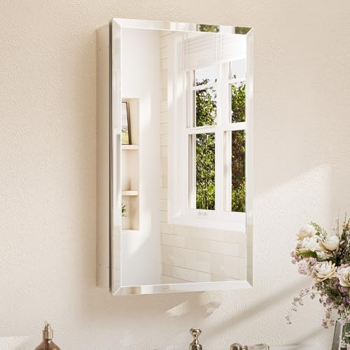 TETOTE 15 x 26 Bathroom Mirror with Storage with Tempered Beveled Mirror Silver Medicine Cabinet Aluminum Cabinet DTC Hinges, Stepless Adjustable Shelves, Recessed/Surface-Mounted