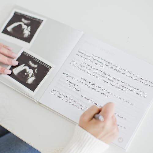 Image of Pearhead Ivory Linen Baby Memory Book, 4x6 Photo Cover Insert | 56 Guided Pages, First 5 Years Milestone Journal, Photo Album Pages, Baby Gift