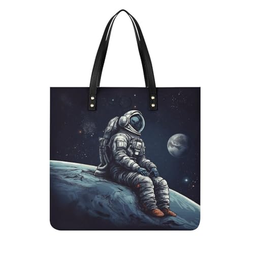 Astronaut Space Tote Bag for Women PU Leather Casual Handbag Soft Shoulder Bags Top Handle Purses Shopper Handbag