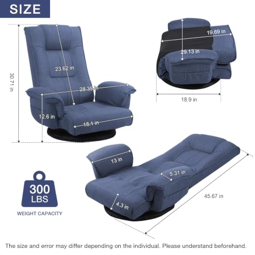 Image of Ergonomic Swivel Floor Gaming Chair with Armrests & Side Pockets, 6-Position Reclining Sofa Bed, Foldable Padded Lounger with Thick Cushion & Lumbar Support for Esports, Reading, TV Watching, Blue