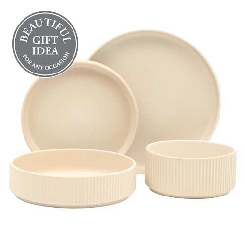 Image of Gibson Elite Deerfield 16-Piece Stoneware Dinnerware Set - Cream White Reactive Glaze Plates and Bowls, Stackable Design, Service for 4 - Dishwasher & Microwave Safe