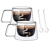 2er Glas-Kaffeetassen + 2 Löffel,U-shaped handle, doppelwandige Gläser aus Borosilikatglas,Latte, Set Thermogläser mit Schwebe-Effekt,Cappuccino, Teebeutel, Getränke-Set,(300ml)