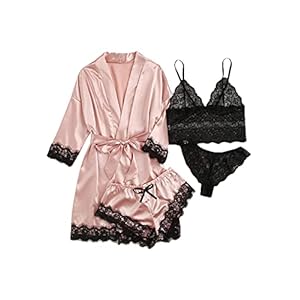 Sexy Lingerie Set voor Vrouwen – 4 Stuks Satijnen Bloemen Kant Top Lingerie Pyjama Set Met Gewaad