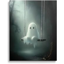 Halloween Canvas Wall Decor Cute Ghost Sitting On Swing In The Black Forest Poster Framed Print Retro Wall Painting Witchy Artwork Victorian Gothic Pictures Eerie Aesthetics for Bedroom 8x10inch