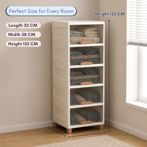 Image of HoopVool Foldable Storage Cabinet, Stackable Plastic Storage Box with Front Opening Door, Dustproof Organizer for Clothes, Toys, Books, Bathroom & Bedroom (5-Tier (33 X 38 X 132 CM))