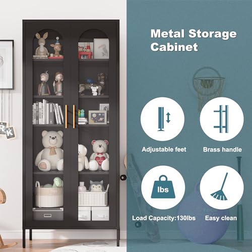 Zonleson 180-1 71 Inch Tall Glass Display Cabinet,Curio Display Cabinet With 4 Adjustable Shelves,Metal Storage Cabinet With Glass Doors,Black Bookcase thumb #5