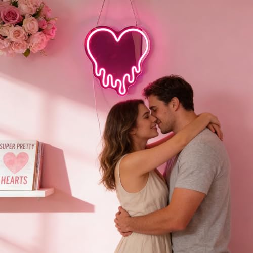 KATMBFUE Y2K Pink Heart Neon Sign, Melting Heart Neon Mirror Light, Heart vanity mirror with lights, Love Shaped LED Wall Decor for Bedroom, Girls Room,Studio, Party, Wedding, Gift for Valentine's Day, Birthday, Anniversary — view 3