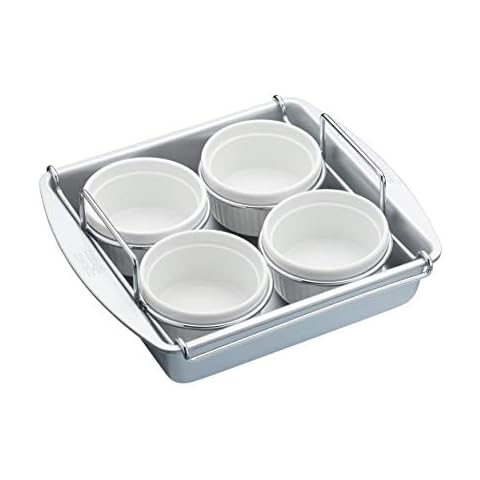 Chicago Metallic CMET77106 Professional Creme Brulee Set with Ramekin Dishes and Baking Tin, In Gift Box, Carbon Steel / Ceramic, 6 Pieces, beige Cover