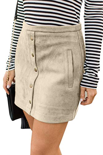 Meyeeka Women's Button Front Faux Suede High Waist A-line Mini Skirt with Pocket2