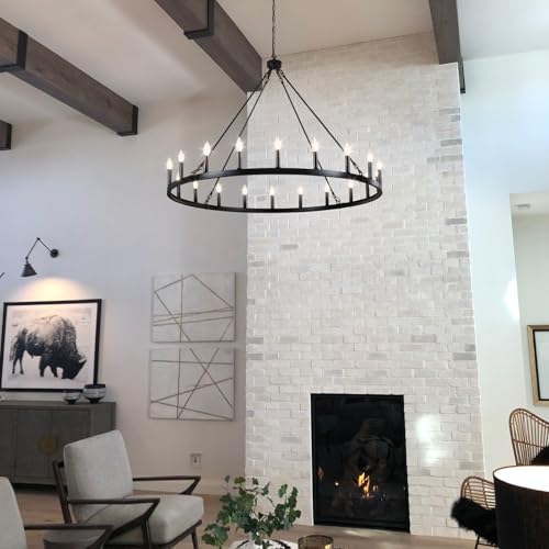 Image of 20-Lights Black Wagon Wheel Chandelier 48 inch Industrial Hanging Light Fixture for Dining Room Farmhouse Round Chandeliers for Living Room Foyer Hallway Kitchen Island Entryway