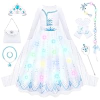 MELAND Princess Costumes for Girls, White Light up Princess Dress up with Long Cape, Hairband for Girls Aged 3 to 10 Years Old, Fancy Dress for Kids and Toddlers Halloween Costumes(S)