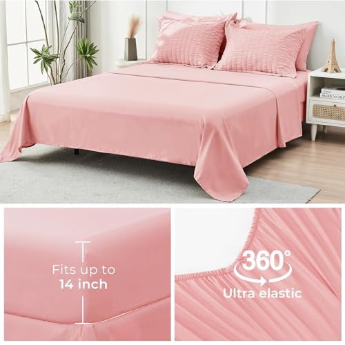 Image of HYMOKEGE Rose Pink King Size Comforter Set Seersucker 7 Pieces, All Season Luxury Bed in a Bag for Bedroom, Bedding Set with Comforter, Sheets, Pillowcases & Shams
