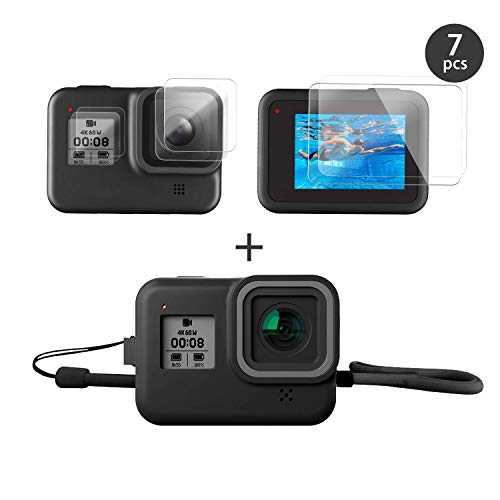 FINEST+ Accessories Kit for GoPro Hero 8 Black with Silicone Rubber Protective Case+Tempered Glass Screen Protector+Tempered Glass Lens Protector+Small Display Film Bundle for for Go Pro Hero8
