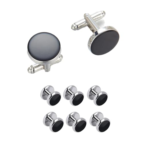 Luzcauwy 8 Pcs Tuxedo Cufflinks and Studs Set - Classic Black & Silver Men's Formal Shirt Buttons - Premium Brass Accessories for Weddings, Black-Tie Events & Anniversaries (Gift Box Included)