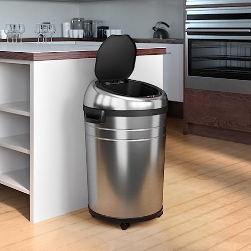 Image of iTouchless 18 Gallon Commercial Size Touchless Sensor Trash Can with Odor Control System & Wheels, 68 Liter Stainless Steel Round Automatic Garbage Bin