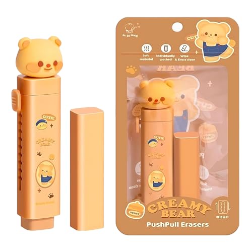 Image of Toyshine Cute Teddy Push-Pull Eraser for Kids | Cartoon Bear Design with Smooth Rubber with 1Refill Eraser | Fun School Stationery for Writing & Drawing | Ideal for School, Home Birthday Return Gifts