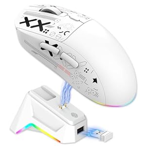 Elprico Gaming-Maus mit Ladestation, Tri-Mode 2,4G/kabelgebundene/BT-Funk... 7 Programmierbare Tasten, 650-mAh-, 1000-Hz-Abfragerate, 12.000 Punkte Pro Zoll für PC-Laptop (White)