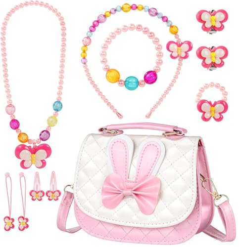 Neuytiky Bolsos para niñas, bolso de hombro para niños, bolso de mano para niña con dulces orejas de conejo, juego de joyas para niños, con collar, pulsera, anillo y pendientes, juego de joyas Neuytiky Bolsos para niñas, bolso de hombro para niños, bolso de mano para niña con dulces orejas de conejo, juego de joyas para niños, con collar, pulsera, anillo y pendientes, juego de joyas
