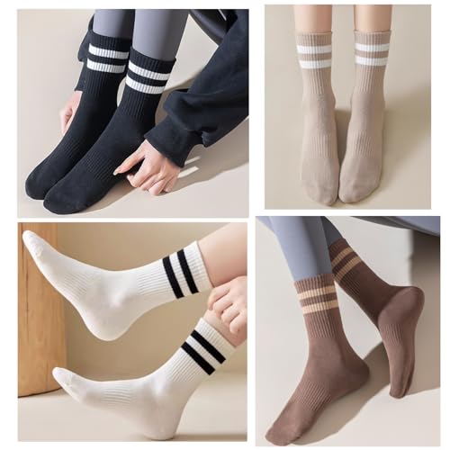 Image of Deeorla Womens Striped Crew Socks Brown Vintage Retro Athletic Socks 5 Pairs