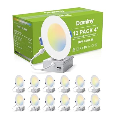 DAMINY 12 Pack 4 Inch LED Recessed Lighting with Junction Box,5CCT,Ultra-Thin Recessed Light,9W 750lm, Dimmable Canless Wafer Ceiling Light, High Brightness - ETL