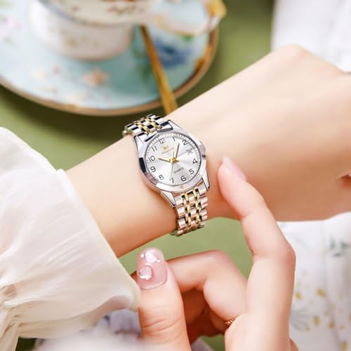 Image of OLEVS Womens Watch Classic Dress Number Female Watches for Ladies Analog Quartz Stainless Steel Waterproof Luminous Day Date Two Tone Easy to Read Wristwatch