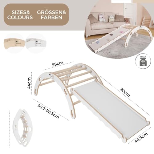 Foto von MAMOI® Kletterbogen mit Rutsche, Kletterdreieck, Klettern, Klettergerüst aus Holz, Holzbogen, Rutschbrett für Spielplatz, Klettergerüst Indoor