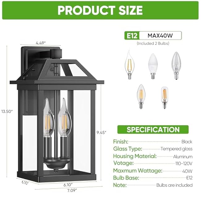 WIHTU 13.5 Exterior Light Fixture 2-Light Black Modern Wall Sconce Lamp