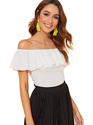 WDIRARA Women's Stretchy Off Shoulder Flounce Sleeve Sexy Slim Blouse Tops Shirt4