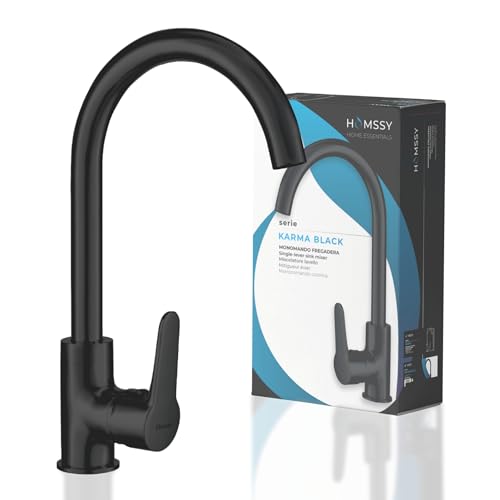 HOMSSY Robinet mitigeur d'évier - Corps en laiton avec finition noire mate, bec rotatif, installation facile avec fixateur Easy Fix 35 (Noir)