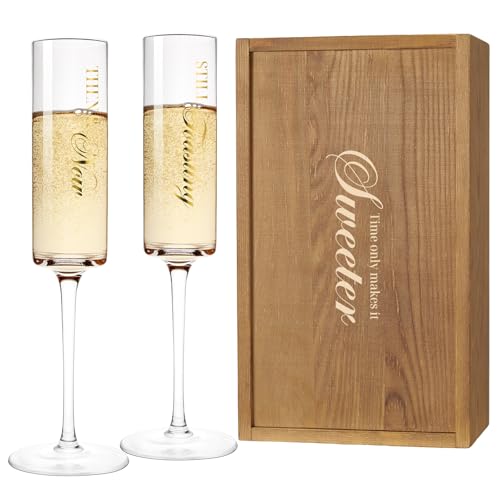 Image of AW BRIDAL Anniversary Champagne Flutes Set of 2 with Wooden Keepsake Box