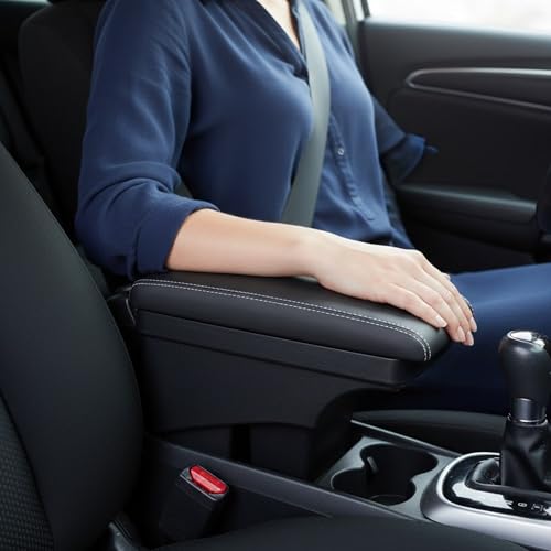 Image of KMH Premium Armrest for Honda Jazz 2014+, WR-V Center Console Box with Hold and Storage Compartment with Cushion Pad, Scandinavian Leatherize Soft Memory Foam Support Car Arm Rest - Black Design