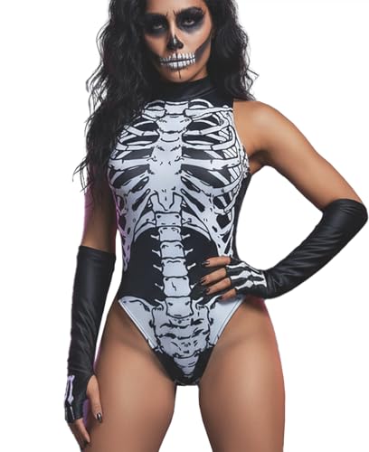 Aucute Women High Neck Sleeveless Skeleton Bodysuit Cosplay Tops Scary Skull Halloween Costume Lingerie One Piece Swimsuit Black M/L