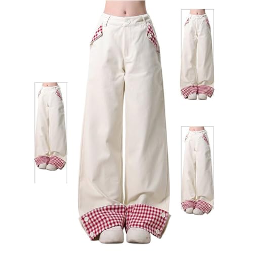 LAFOURAM Petite Jeans for Women 5 FT Short Wide Leg Baggy Trending Coquette Plaid Patchwork Denim Pants2