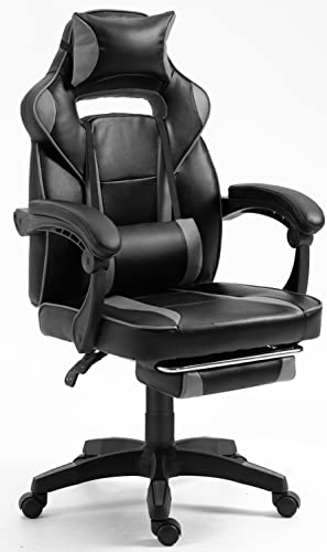 IZTOSS Chaise Gaming - Chaise Bureau Ergonomique avec Repose-Pied - Fauteuil Gaming avec Soutien Lombaire Massage et Appui-tête - Siège Gaming,Noir et Gris