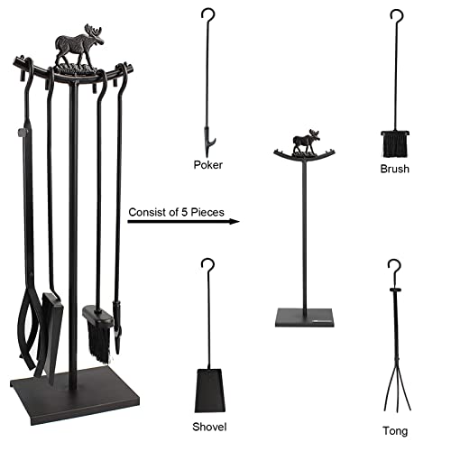 Myfireplacedirect 5 Pieces Fireplace Tools Set Strength Wrought Iron Indoor Outdoor Fire Place Toolset Hearth Accessories Kit With Fireplace Brush, Fire Poker, Fireplace Shovel, Firewood Tong #TOP1