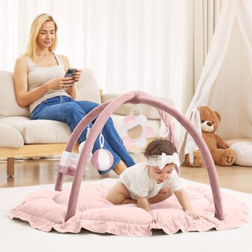 ANGELBLISS 5 in 1 Baby Play Gym Mat, Reversible Tummy Time Mat with 5 Sensory Toys for Stage-Based Developmental, Thick & Large Baby Activity Center from Newborn to Toddler (Purple) - Thumbnail 7