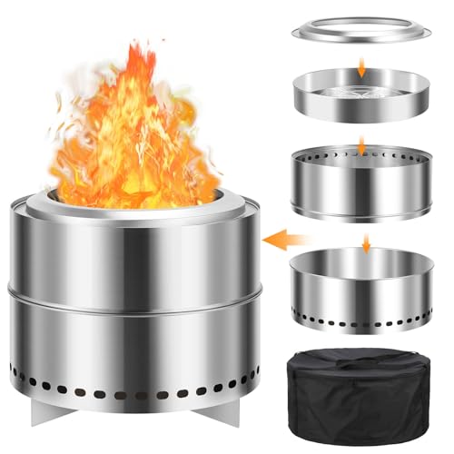 Smokeless Firepit, 19.5 Inch Stainless Steel Outdoor Portable Fire Pit with Removable Ash Pan and Carry Bag, Wood Burning Firepits for Outside with Stand, Ideal for 4-6 People, Silver