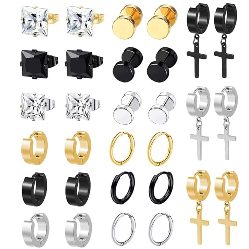 BVLAGIDA 15 Paar Herren Ohrringe, Edelstahl Creolen, Kreuz Anhänger Ohrringe Set, Fake Plugs Ohrringe, Zirkonia Ohrstecker für Herren Damen, Silber/Schwarz/Gold