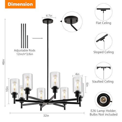 9MMML-Farmhouse-8-Light-Glass-Chandelier-Modern-Black-Chandelier-for-Kitchen-Dining-Room-Light-Fixture-Over-Table-Industrial-Chandelier-for-Living-Room-Foyer-Entryway-E26-Bulb-Base 9MMML Farmhouse 8 Light Glass Chandelier Modern Black Chandelier for Kitchen Dining Room Light Fixture Over Table Industrial Chandelier for Living Room Foyer Entryway E26 Bulb Base