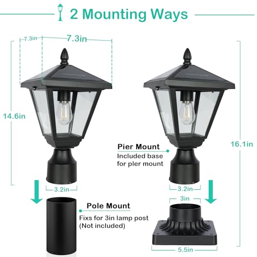 Jalarox Solar Post Lamp Lights, Metal and Glass Built Dusk to Dawn Solar Post Lights with Pier Mount Base, 6000K Outside Lights Outdoor Waterproof for Garden Yard Pole Pillar(Cool White)