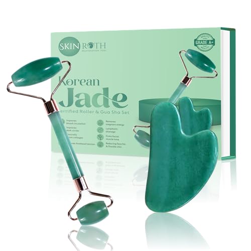 Image of Grade A+ Korean Jade Roller and Gua Sha Set | Original Stone From Korea, Facial Massage Tool for Anti-Aging - Includes Anti-Rust & Dustproof Storage Box (Green)