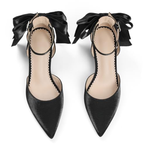 Yremael Women's Black Bow Heels Pointed Toe Pumps Satin Ankle Strap Chunky Block Kitten Heel Dress Shoes - image 3