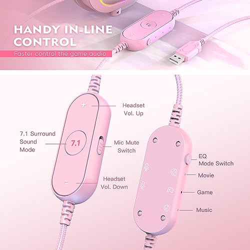 Image of FIFINE PC Gaming Headset, USB Wired Headset with Microphone, 7.1 Surround Sound, in-Line Control, Computer RGB Over-Ear Headphones for PS4 /PS5, for Streaming /Game Voice /Video-AmpliGame H6 (Pink)
