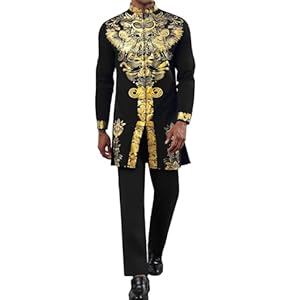 Mens African 2 Piece Set Zipper Nigerian Dashiki Metallic Shirt and Pants Outfit Gold Stamp Printed Long Traditional Suit