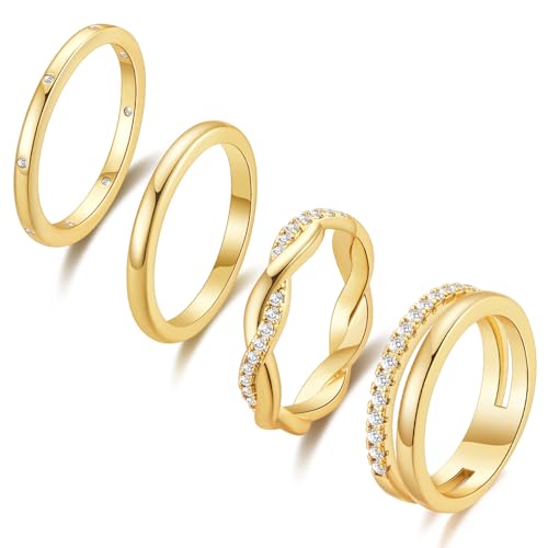 BMMYE - Anillos de oro para mujer, chapados en oro de 14 quilates, resistentes al deslustre, con circonitas cúbicas, anillos para el pulgar, delicados anillos apilables, talla 8