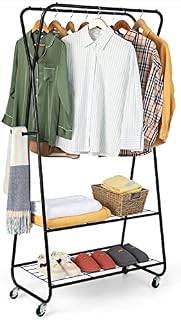 CASART Rolling Garment Rack, 3 Tiers Clothes Rail Metal Coat Rack with Wheels, Shelves and Side Hooks, Entryway Clothing Storage Organizer for Bedroom Living Room Laundry